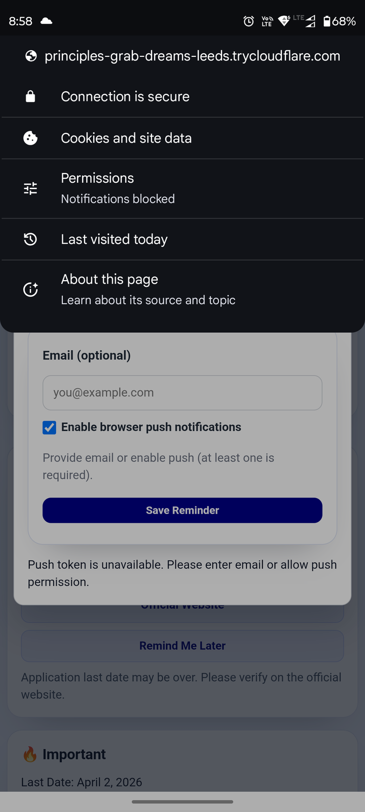 Mobile browser showing notifications blocked