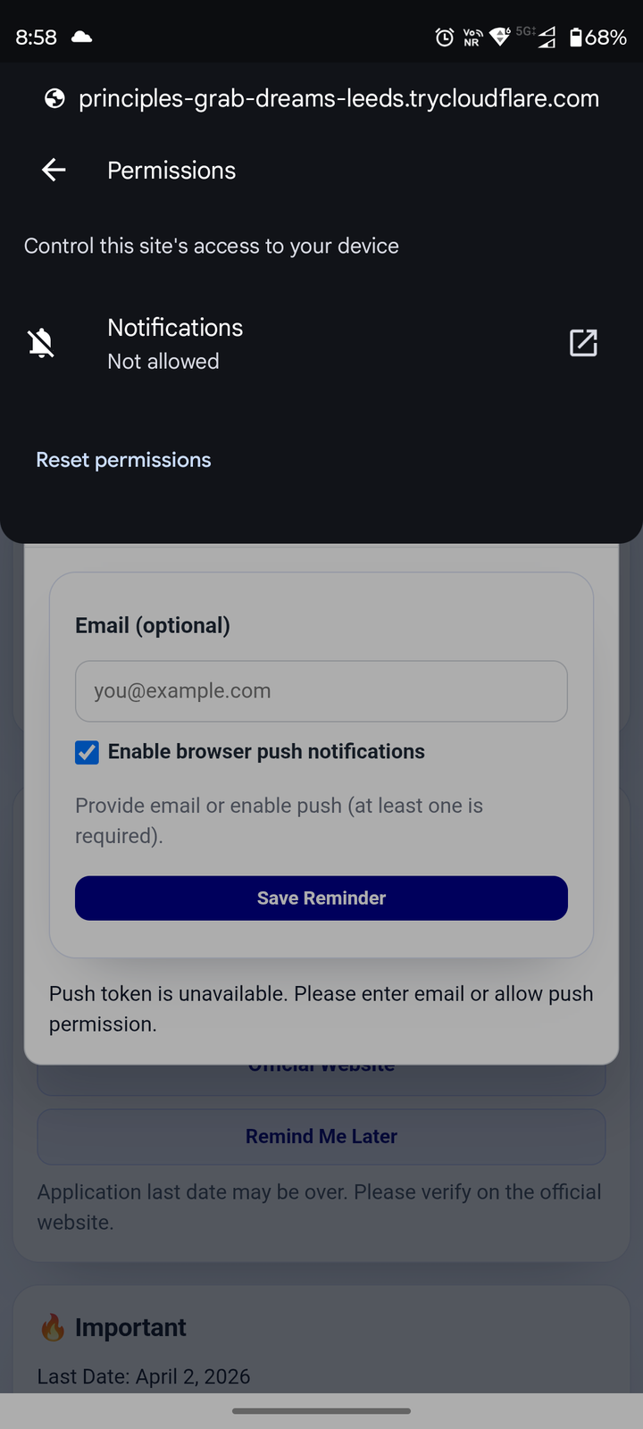 Reminder modal with push option enabled